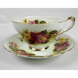 Vintage Royal Sutherland Teacup and Saucer Staffordshire England Purple Roses